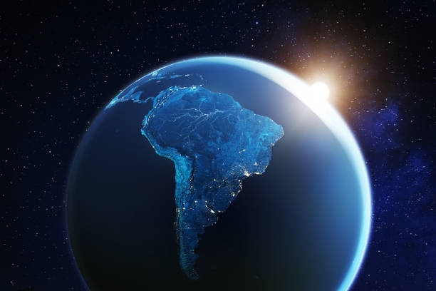 South America viewed from space with sunrise on planet Earth and stars, overview of Amazon river and forest, night lights from cities in Brazil, Argentina, Chile, Peru, map elements from NASA, 8k (https://eoimages.gsfc.nasa.gov/images/imagerecords/57000/57752/land_shallow_topo_2048.jpg)